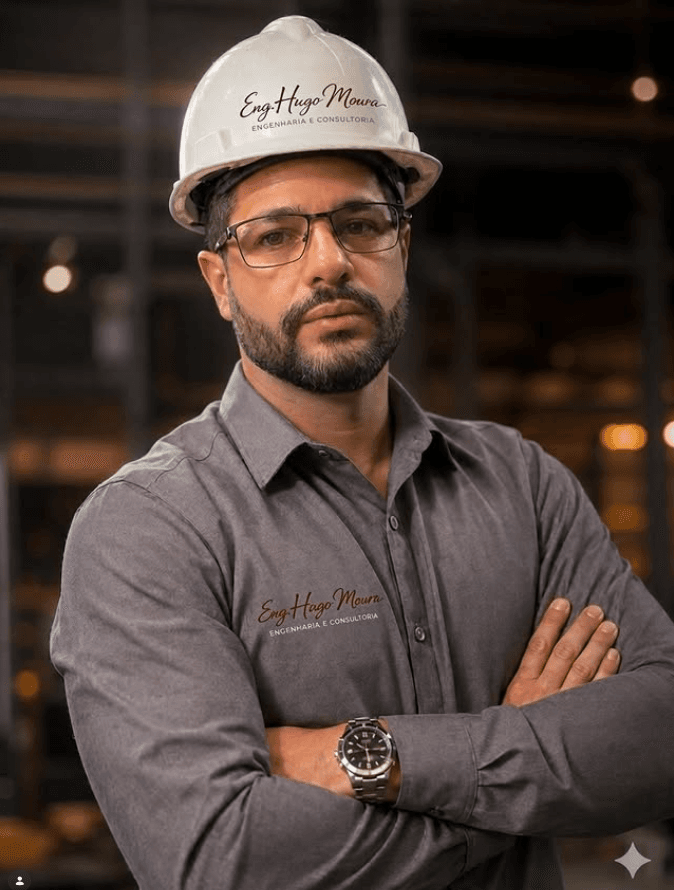 Eng. Hugo Flávio de Moura, engenheiro civil, de capacete e uniforme da marca Eng.Hugo Moura